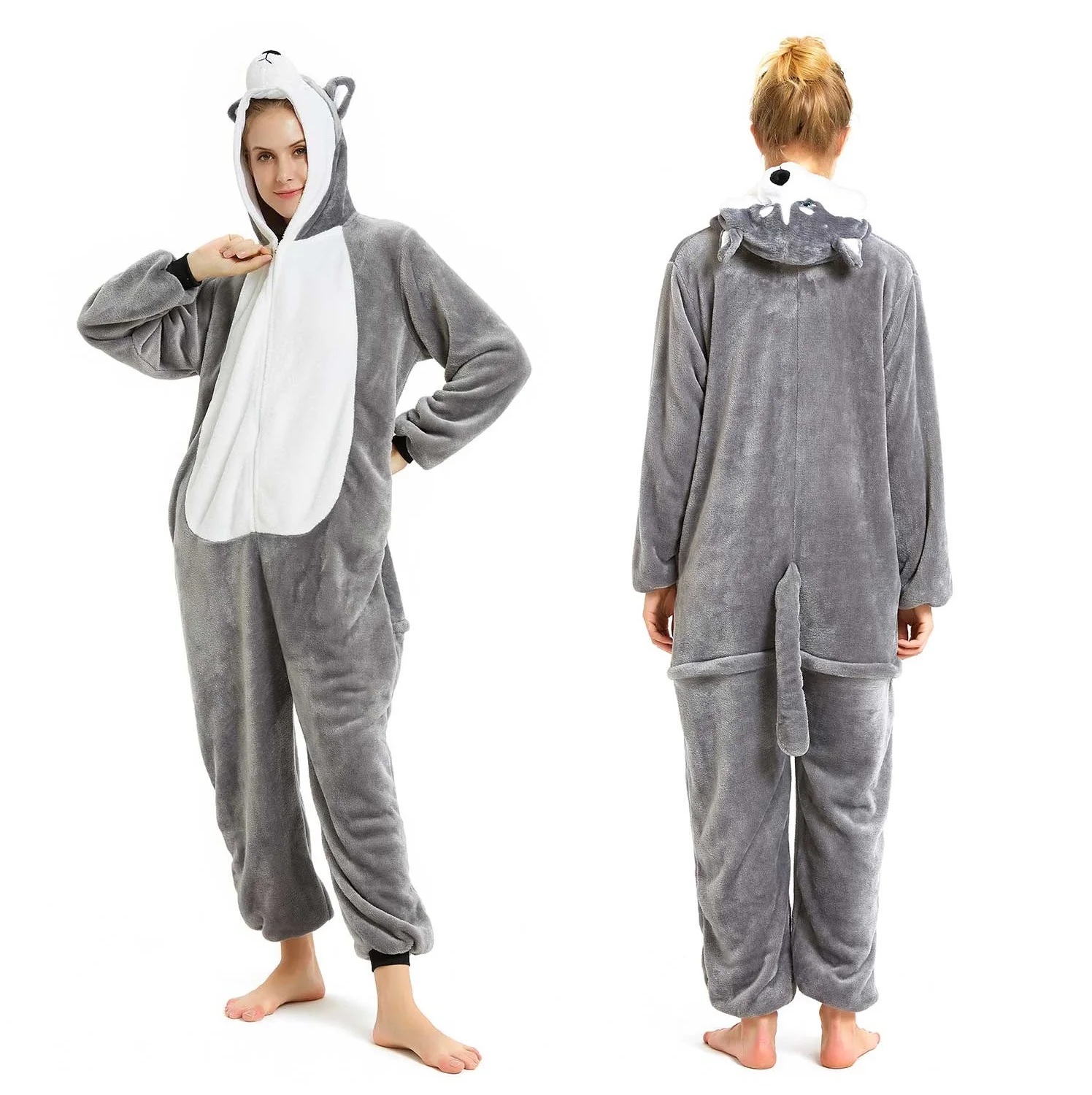 IN-STOCKED Retail Wholesale Animal Onesies  Christmas Pajamas Flannel Cartoon Costume Grey Dog Adults Pajamas Manufacturers