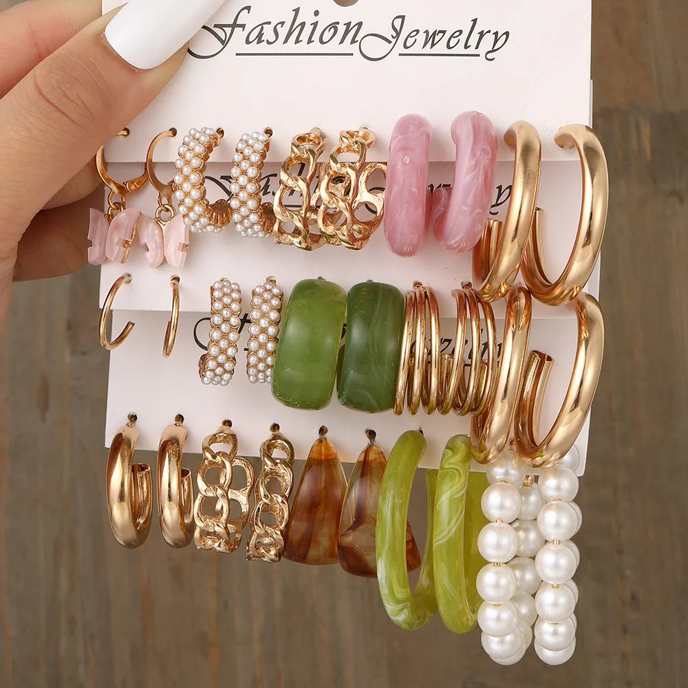 Wholesale Fashion Jewelry Set 18K Gold Plated Butterfly Green Acrylic  Pearl Earrings For Women