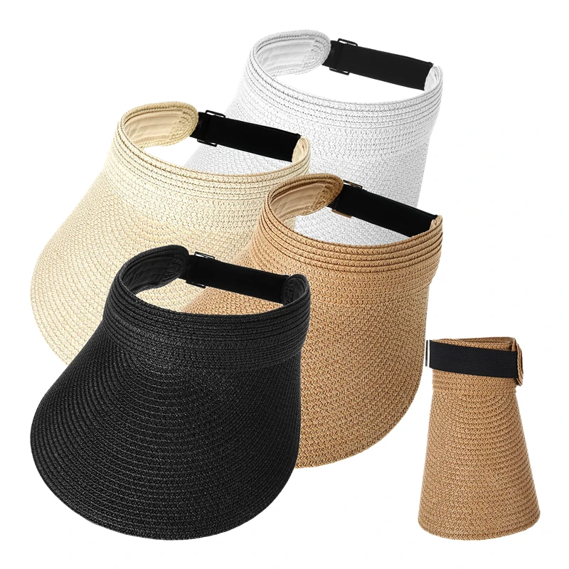 FF1447 Summer Packable Ponytail Straw Visor Roll Up Beach Hat UV Protection Large Brim Straw Sun Visor Hat for Women