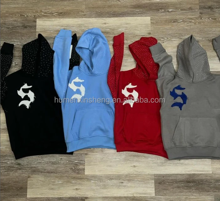 Manufacturers clothing custom distress embroidery 450 500 gsm 100% cotton terry fleece rhinestone cropped hoodie men