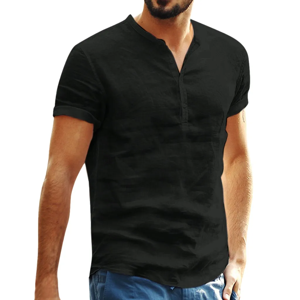 
Chinese style Zhongshan vintage Linen shirt for men v neck t shirts 