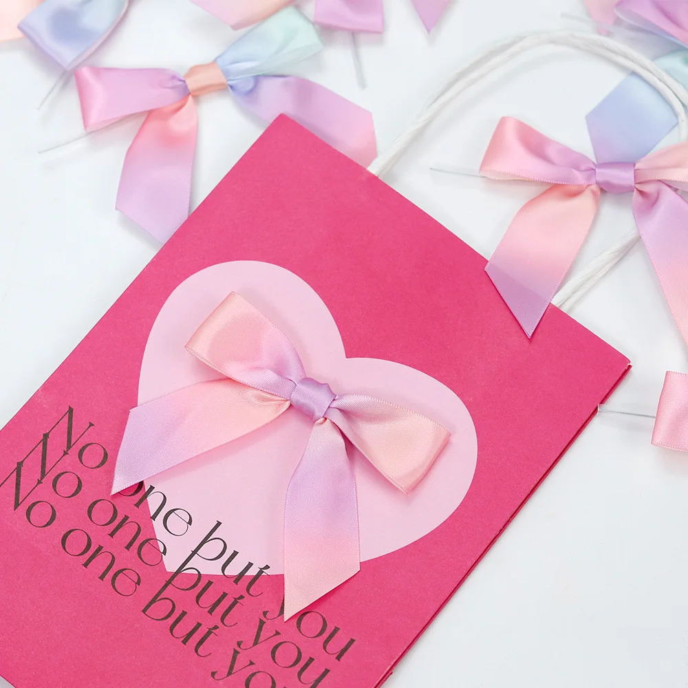 Hot Sale Customized 196 Colors or Rainbow High Quality Twist tie Satin Ribbon Bow Pre-made Gift Ribbon Bow