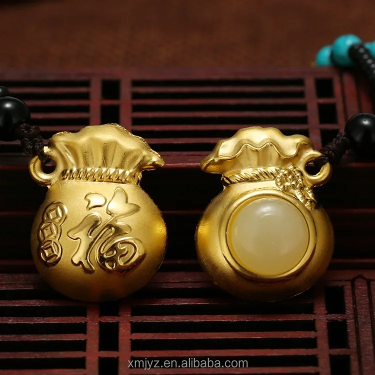 Certified Pure Gold Inlaid Hetian Jade 3D Gold Inlaid Jade In Treasure Lucky Bag Pendant Double-Sided Gold Purse Gift Factory