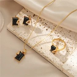 Wholesale Brass 18K Gold Plated Black Onyx Necklace Earrings Ring Dubai Gold Jewelry Set