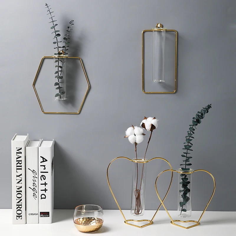 Metal Wall Flower Vase Gold Color Wall-mounted Hydroponic Glass Vase Home Decors Ornaments Vases