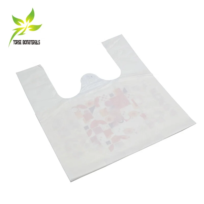 BSCI certified factory white biodegradable vest bags on roll with logo cornstarch t-shirt bags compostable