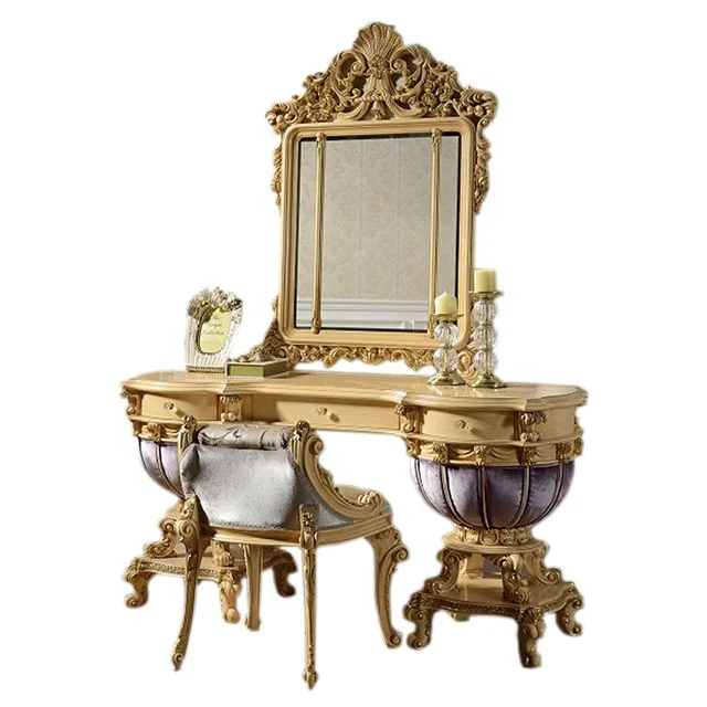 Rococo Carved Wood Dressing Table, French Style Louis XV Wooden and Velvet Dresser with Mirror and Stool for Bedroom