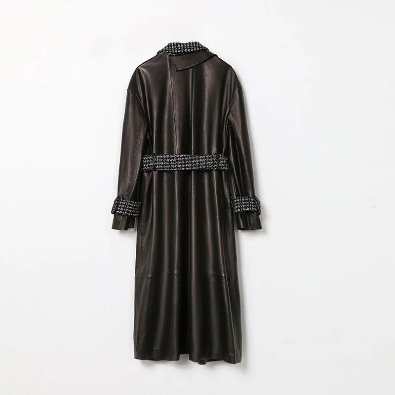 wholesales leather  price motorcycle leather jacket women fur long coat  with belt can custom plus size