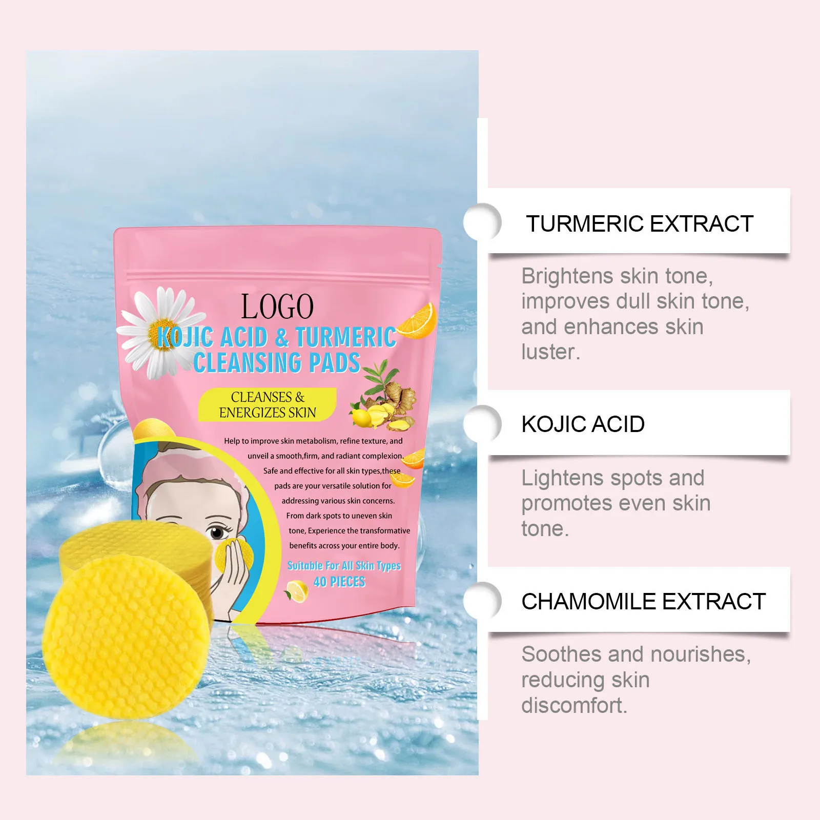 Hot Selling Cleaning Skincare Treatment Kojic Acid And Turmeric 40 Pads Custom Cleansing Pads For Face Dark Spots