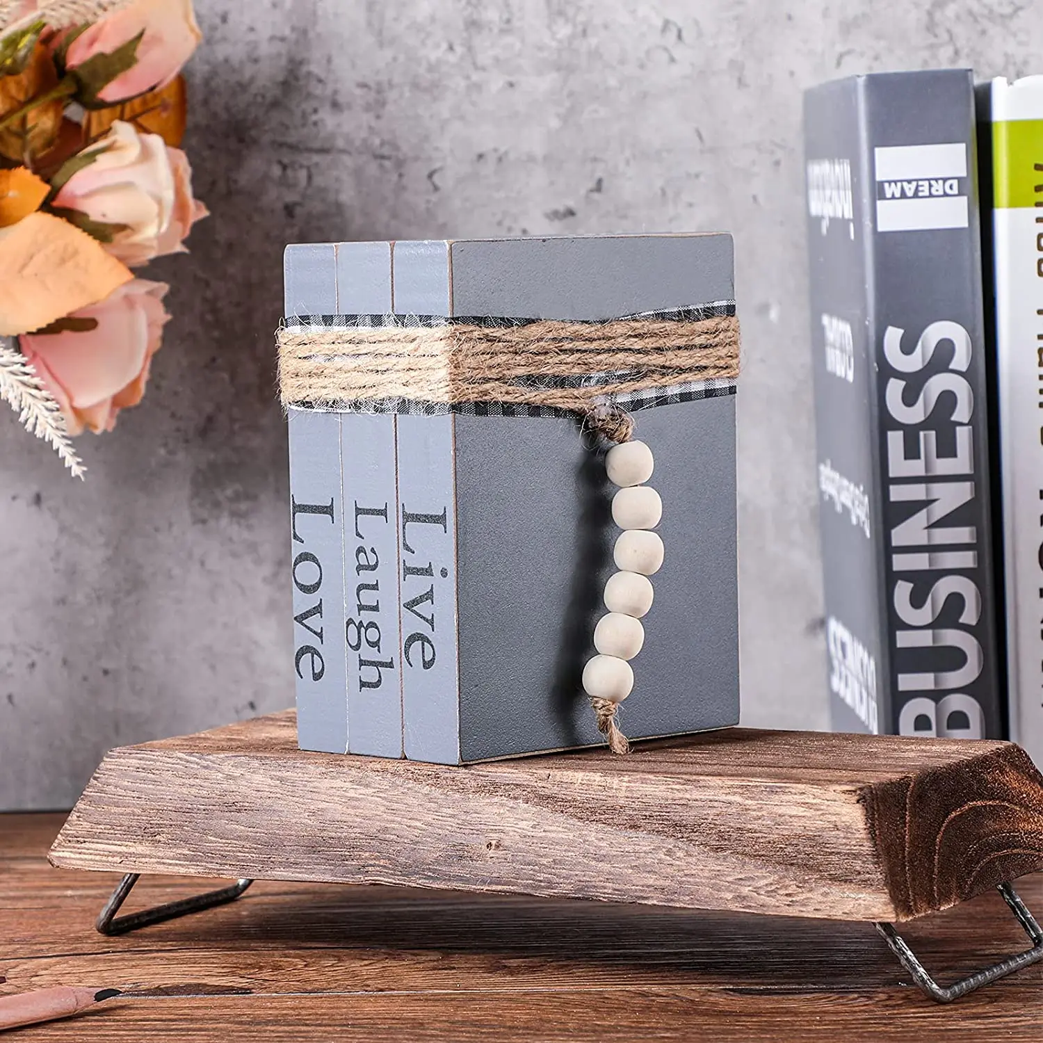 Wood Bead Garland Farmhouse Stacked Decorative Books Wood Block Books
