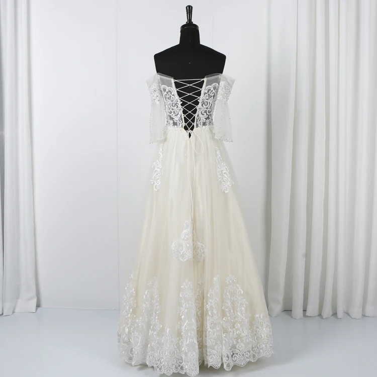 
Custom made tulle embroidery lace beading off the shoulder ball wedding gown puffy wedding dress 