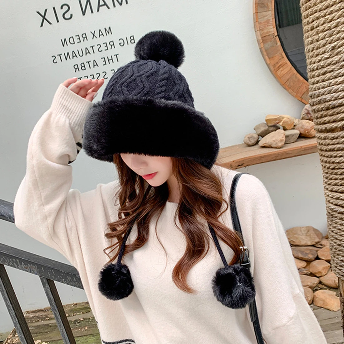hair ball cute plus velvet thickened cold-proof warm Winter Knitted Beanie Hats with Fur Pompom