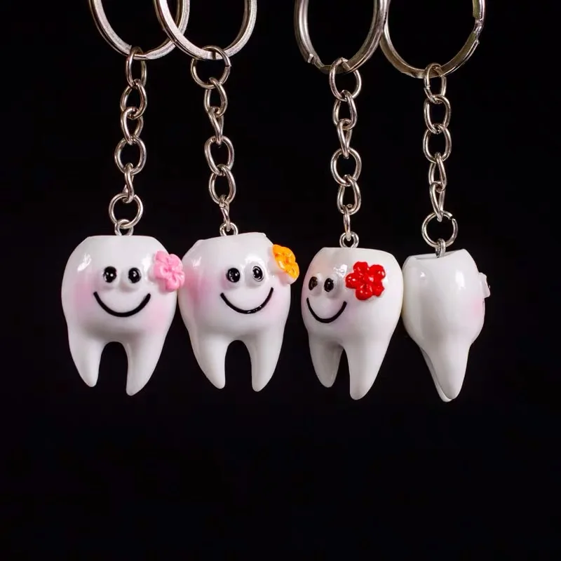 Cartoon design ceramic tooth shape pendant keychain dental clinics promotion gifts