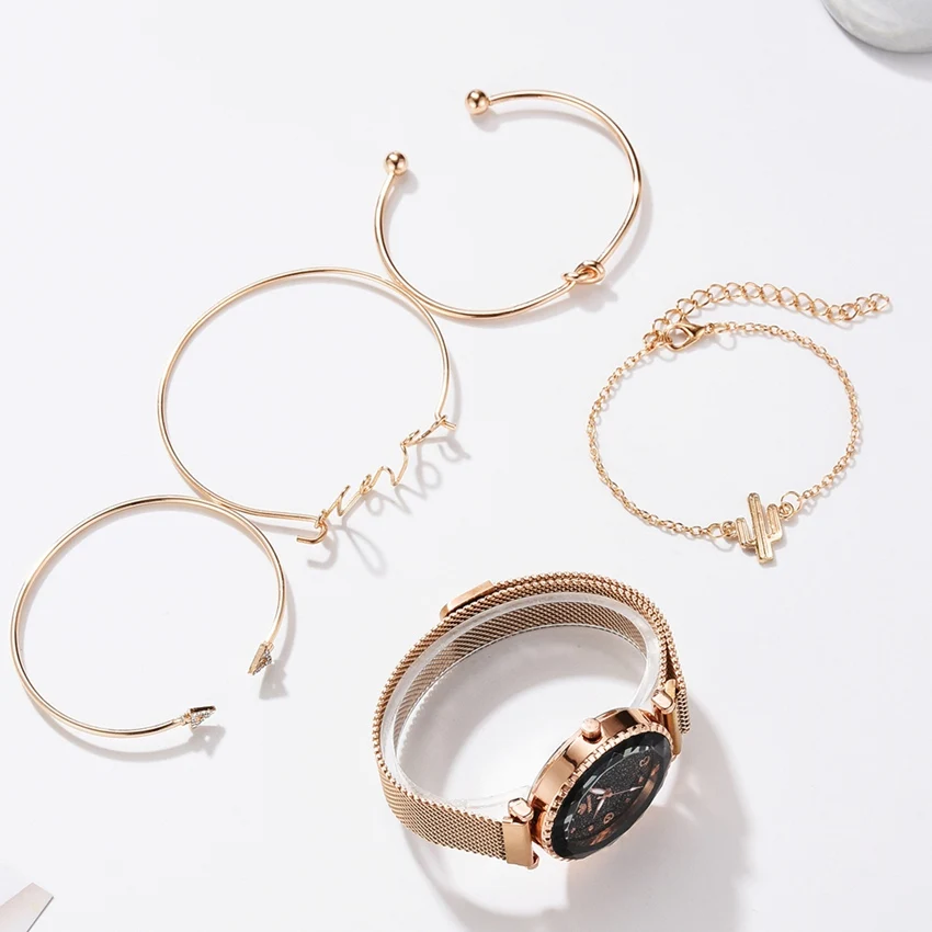 
5pc/set Luxury Brand Women Watches Starry Sky Magnet Watch Buckle Fashion Casual Female Wristwatch Roman Numeral Simple Bracelet 