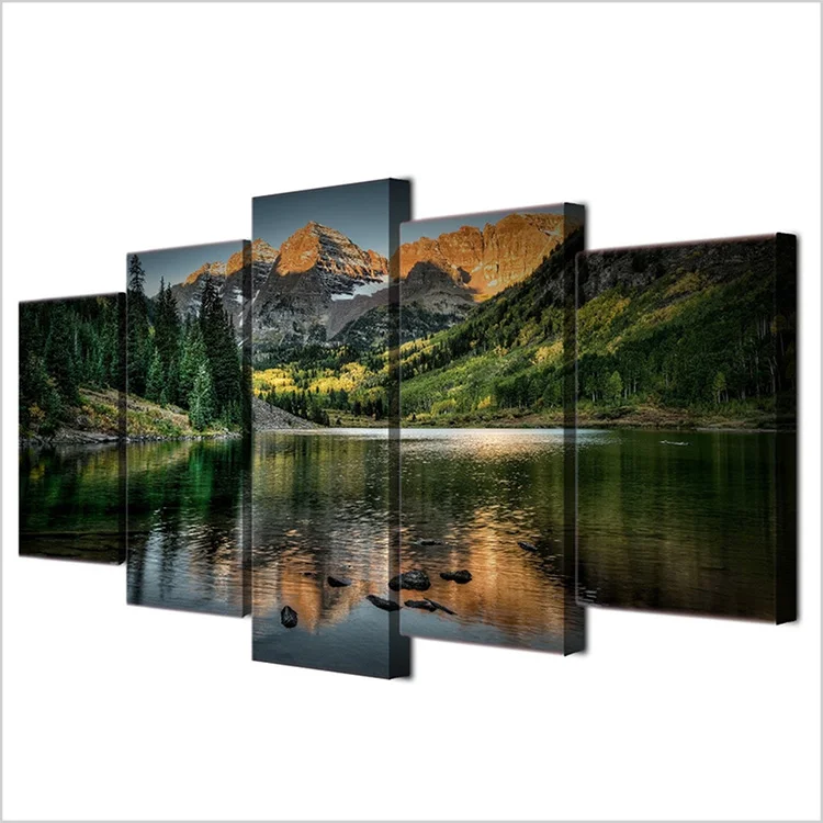 HUAHAUSHIJIE Large Home Decoration Canvas Prints Paintings Decor Framed Mountain Picture 5 Pieces Hanging Frame Wall Art Poster