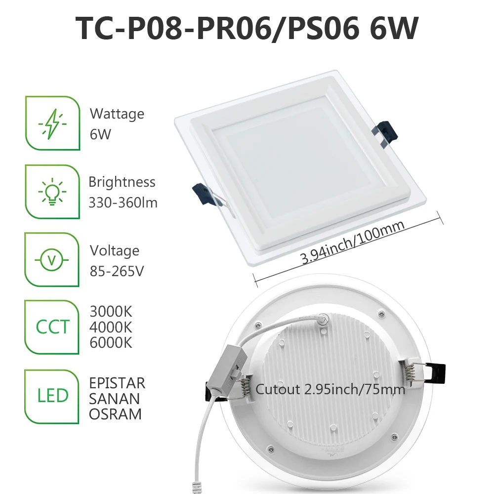 CE Europe single color temperature glass dimmable 3 inch ip44 6w 6 w backlit recessed led panel light