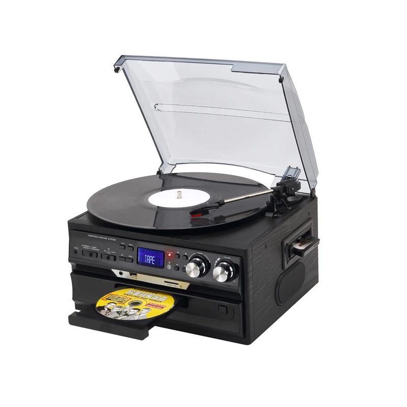 OEM Portable LP Turntable Player System Bluetooth AM FM Radio CD Tape Player Vinyl Record Player