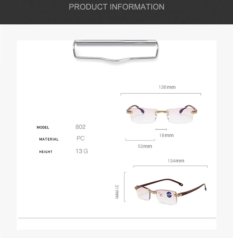 Rimless rectangle spectacle frame optical glasses unisex eyewear reading glasses
