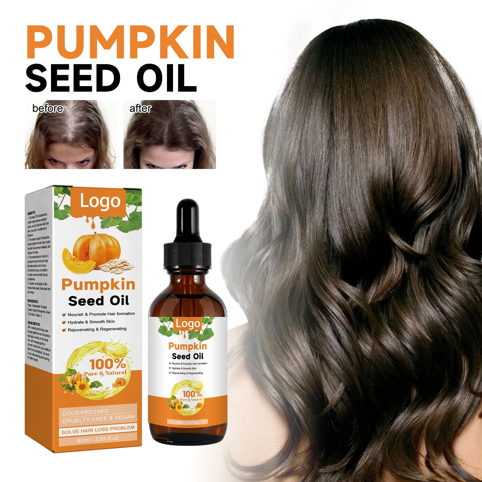 100% Pure Cold Pressed Moisturizer Smooth Skin Organic Pumpkin Seed Oil Boost Hair Growth for Eyelashes,Eyebrows & Hair