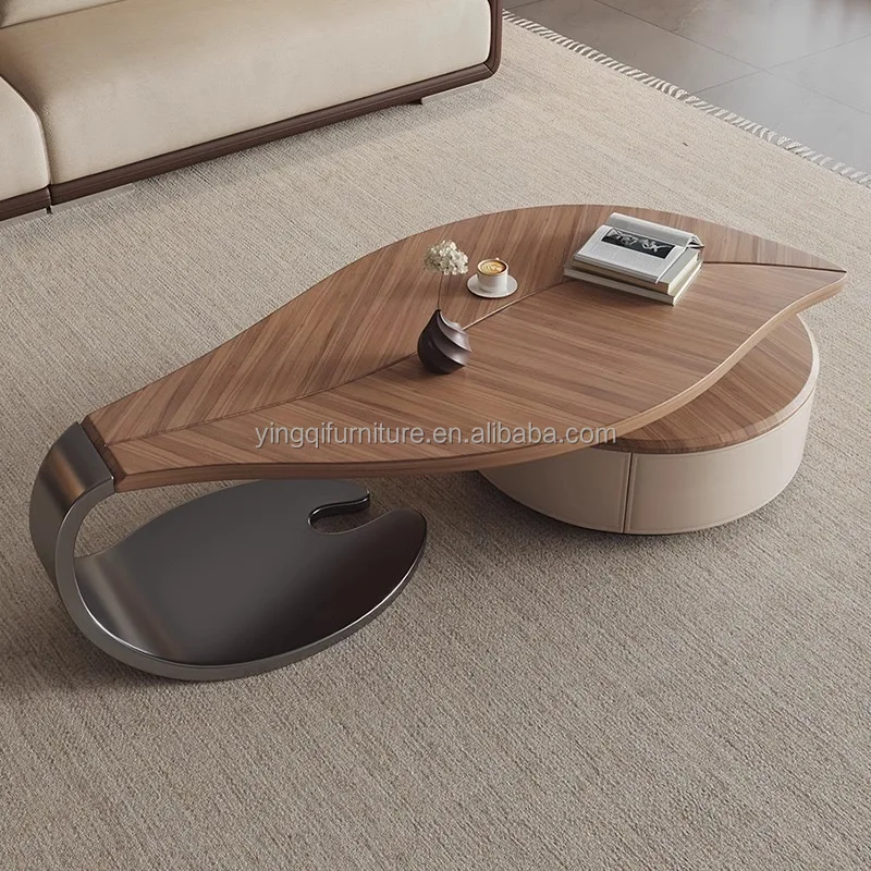 Folia eastern art leaf shaped round modern coffee table wooden table living room tv stand and coffee table set for home luxury