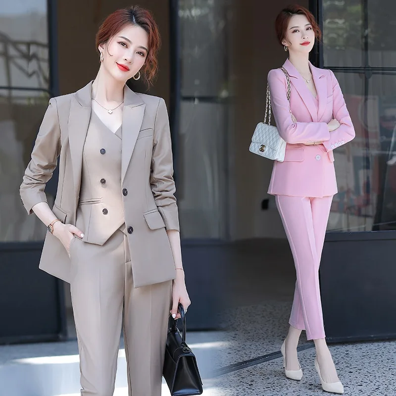 
Hot Selling Dropship 3 Pieces Business Suit Sets Office Lady Work Wear Women Formal Suits Blazer Jacket Vest Pants Set 