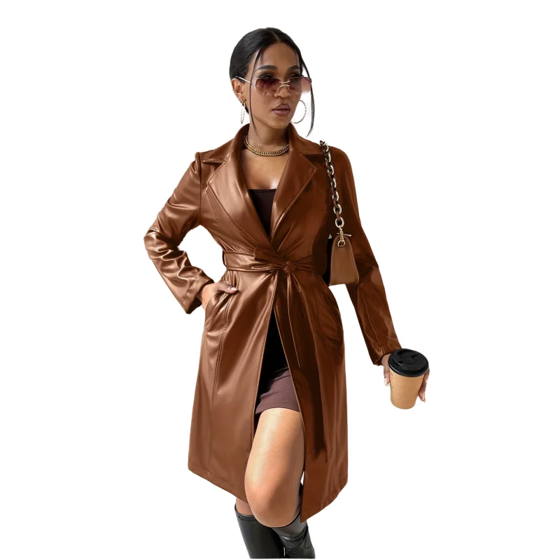 C CLOTHING 2024 Custom PU Leather Trench Coat Autumn Winter Overcoat For Women PU Long Coat For Women