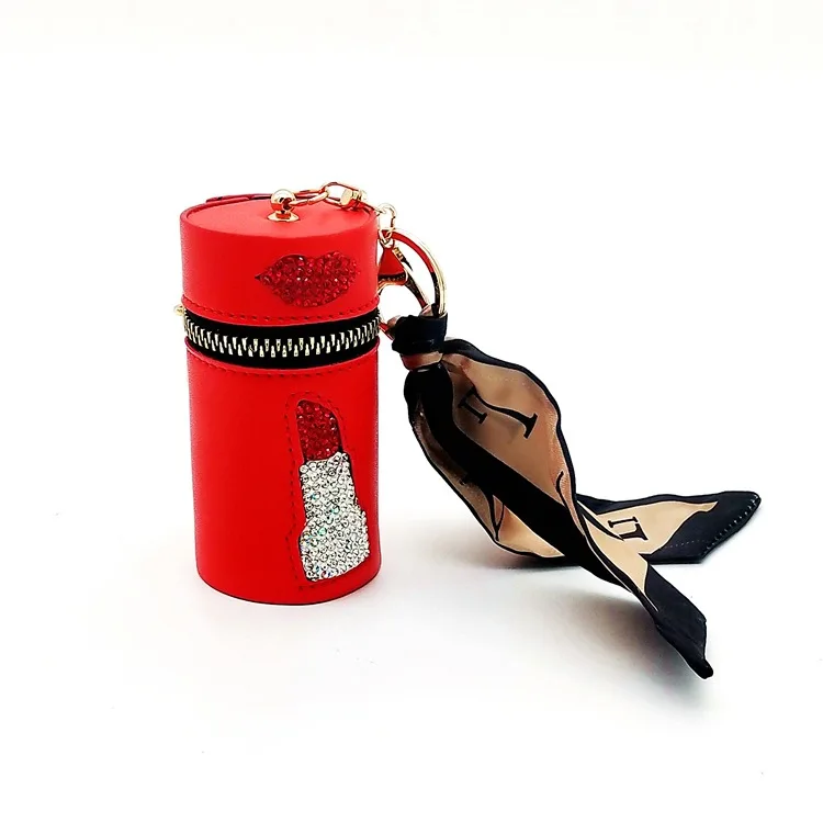 Fashion shiny leather key chain mini cylinder makeup lipstick holder bag key ring coin purse designer luxury keychain
