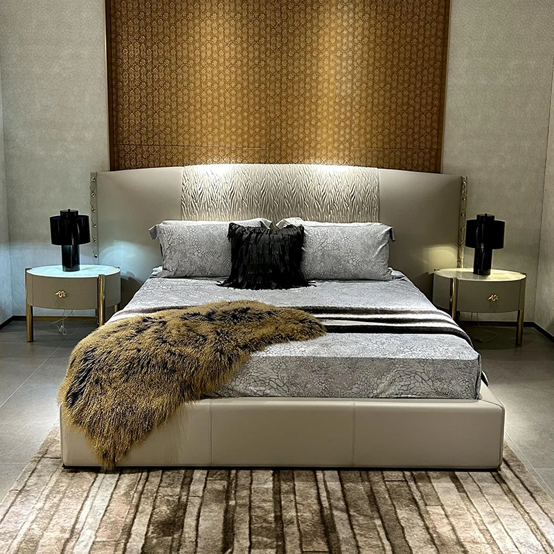 Италия мебель для спальни Deluxe кровать размера «king-size» Современная двуспальная из нержавеющей стали Кожа