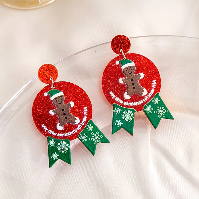 2024 New Fashion Sequin Acrylic Christmas Snowman Santa Dangle Earrings Cartoon Christmas Tree Earrings