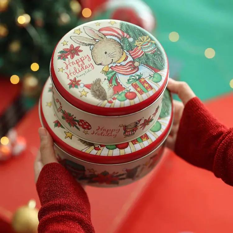 Wholesale Christmas Decoration Round Cookie Storage Box Round Biscuit Tin