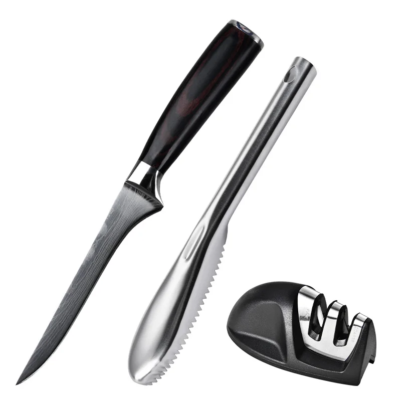 Multi-function Fishing Filet Knife Stainless Steel Thickened Belly Cut Fish Scale Scraper Kitchen Gadget with Sharpener