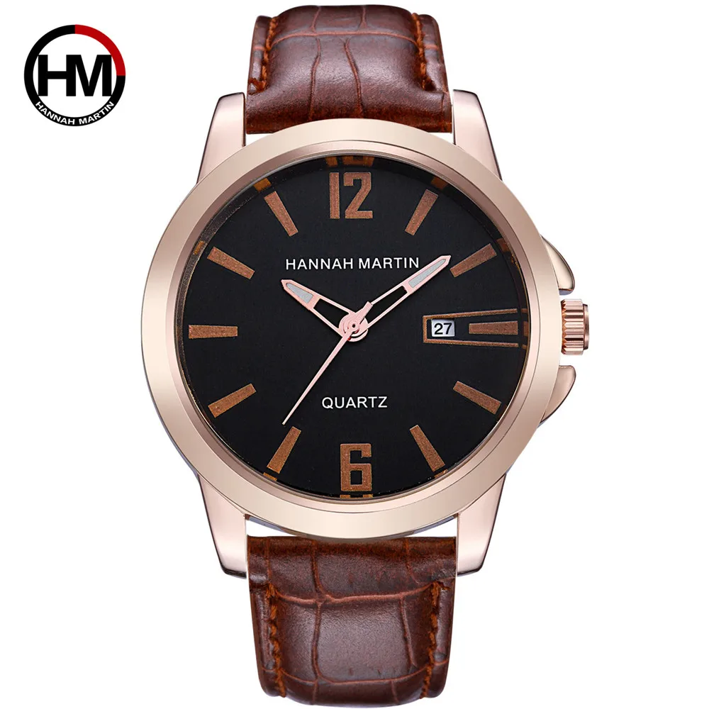 HANNAH MARTIN WATCH FACTORY OEM Stock Supply Business Leather Strap Anti-magnetic Simple Fashion Private Label Quartz Watch Men