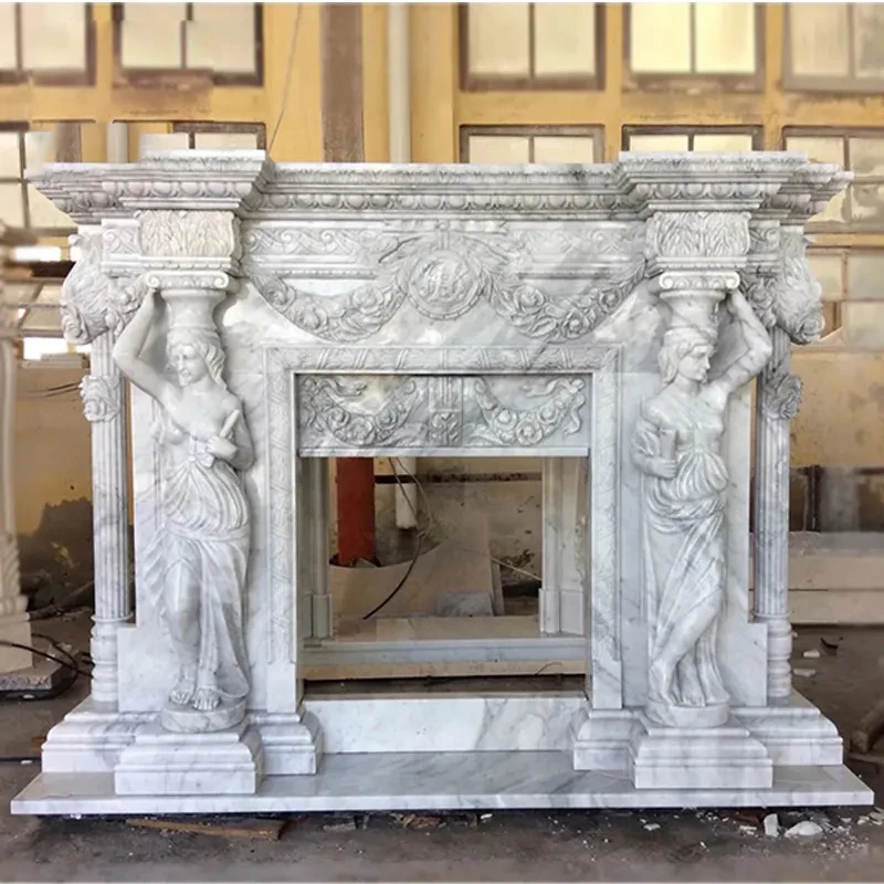 Popular Design Hand Carved Decorative Woman Statues Fireplace Mantles Carrara White Marble Fireplace for villa interior
