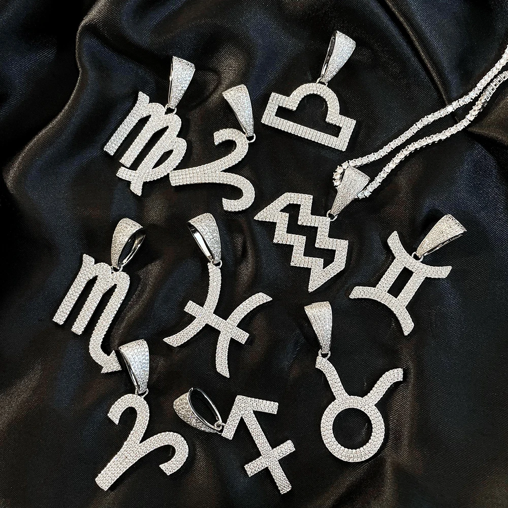 hip hop iced out filled cz big size silver sign zodiac pendant necklace