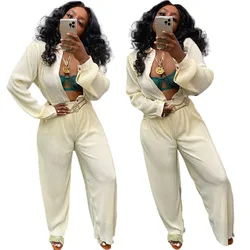 LD81060 New Arrival Casual Solid Beige White Sets Shirts and Pants Lounge Wear Fall Clothing Two Women Piece Sets