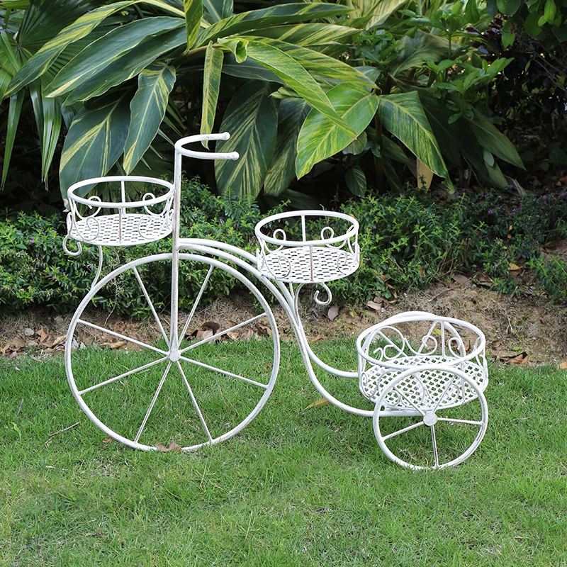 Antique White Metal Flower Display Rack Wrought Iron Bicycle Plant Pot Stand Holder