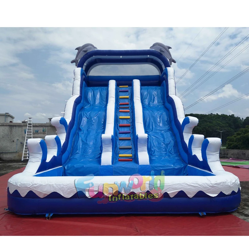 Blue Water Slide with Pool Inflatable Double lane slip Tropical