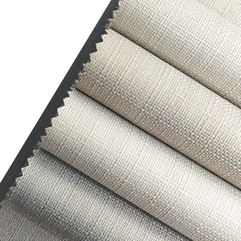 Jacquard Style Satin Blackout Bonded Fabric with FR Lining Blackout Curtain in Beige and Grey for Hotels Coated Fireproof