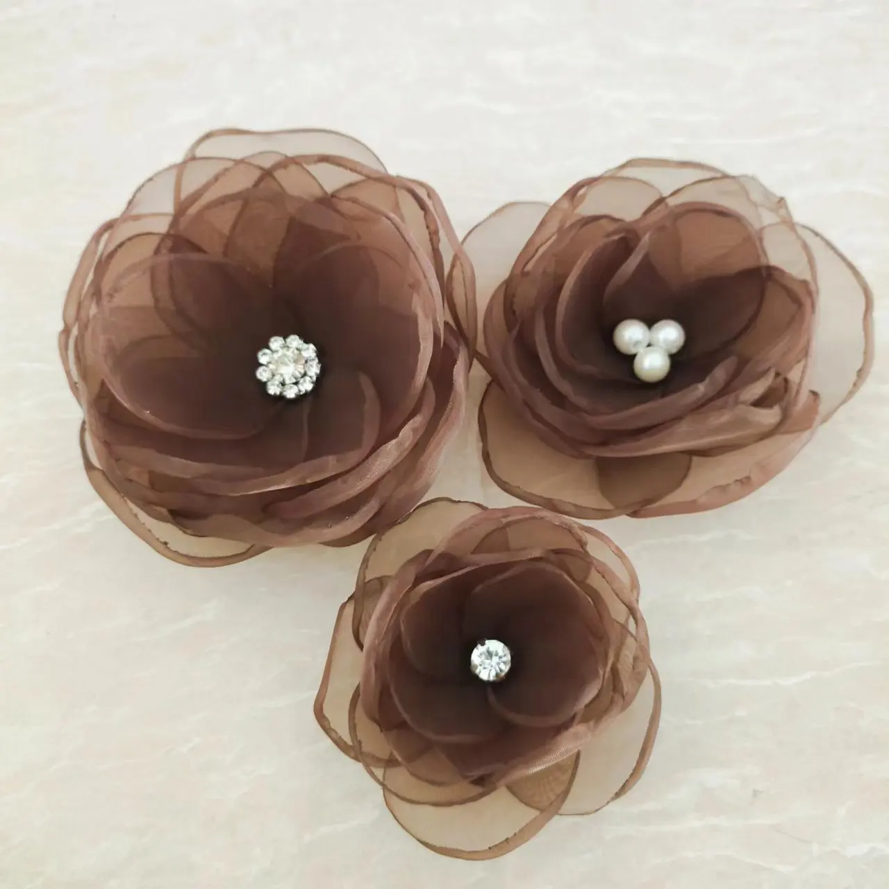 white organza flower with crystal flower applique,3d flowers for dresses decorating