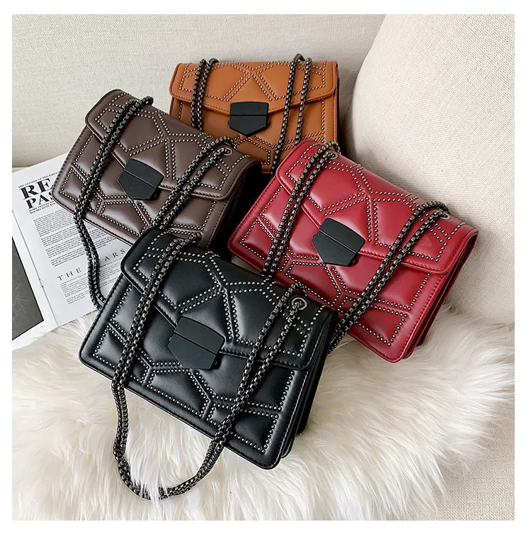Classic Chain Crossbody Shoulder Strap Small Flap Handbags Pu Leather Ladies Hand Bags Rivet Fashion Woman Bags