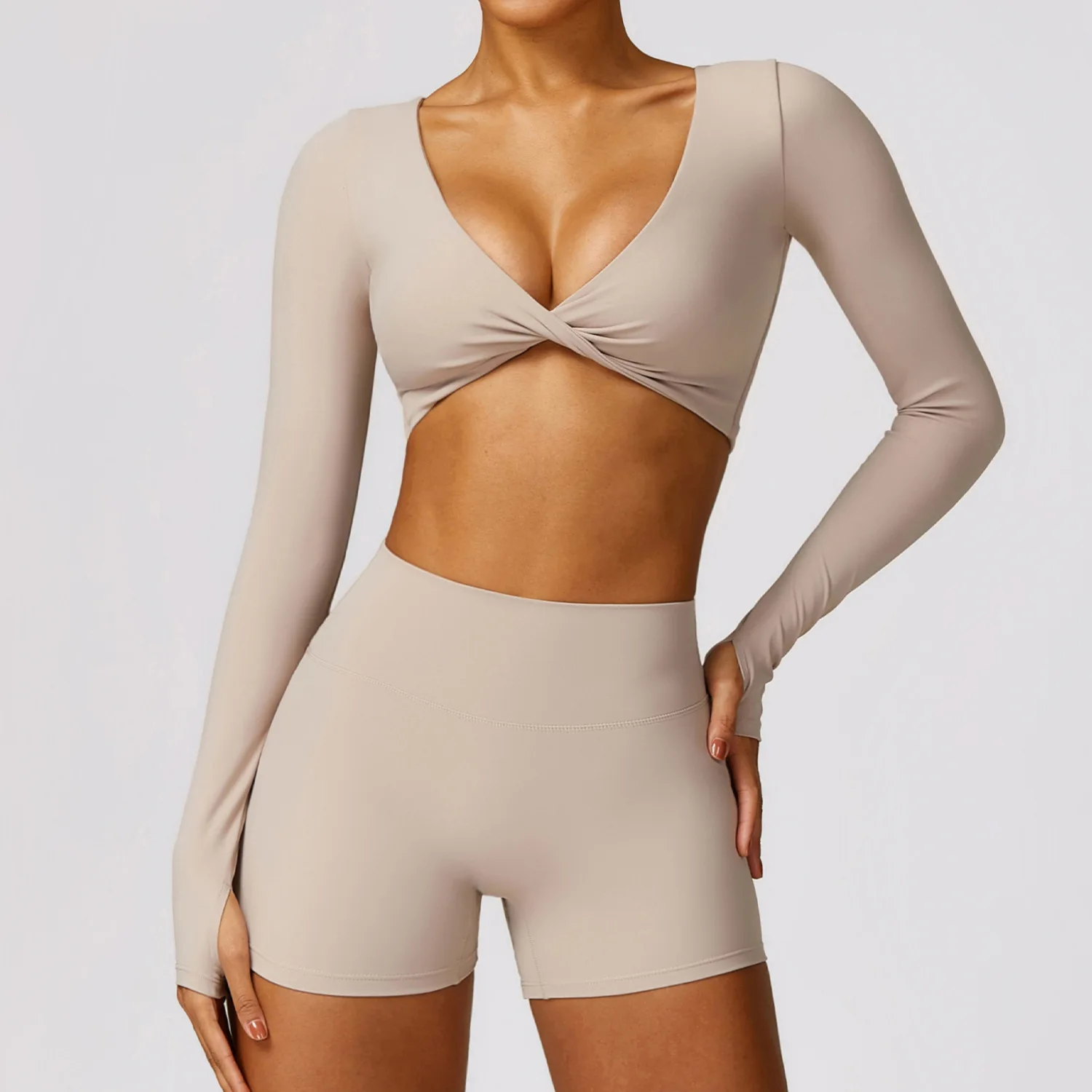 New Arrived Sexy Athletic Cross Twist Front Workout Gym Sports Wear Fitness Running Yoga Long Sleeve Active Crop Top for Women