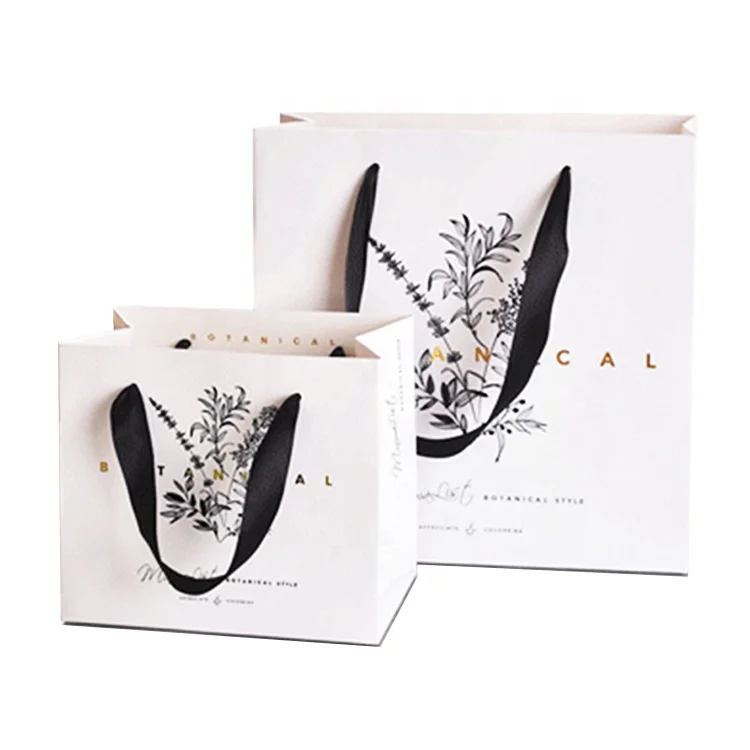 PB-09 Custom hot sale printing black logo matte lamination white card paper bag with black ribbon handles