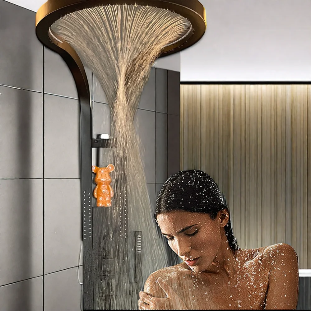 2024 Hot Sale Black Multifunction Bathroom Waterfall Rainfall Shower Panel Column Sprinkler Massage Set System Stainless steel