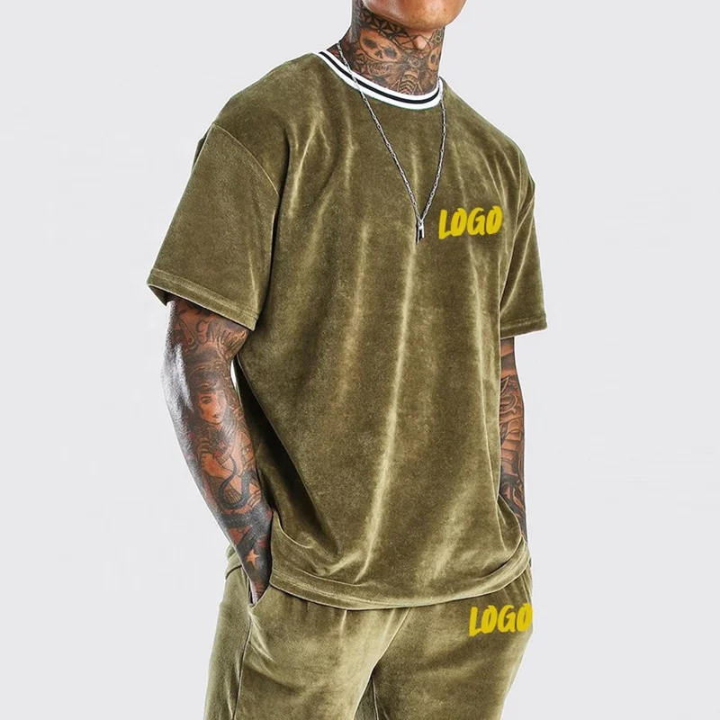 Custom Logo tracksuit men 2023 Summer Sportswear Cotton jogging short velour tracksuit set for men