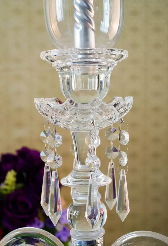 Wholesale tall crystal glass top 3 arms candelabras weddings table decor centerpieces tube candle holders with lampshade