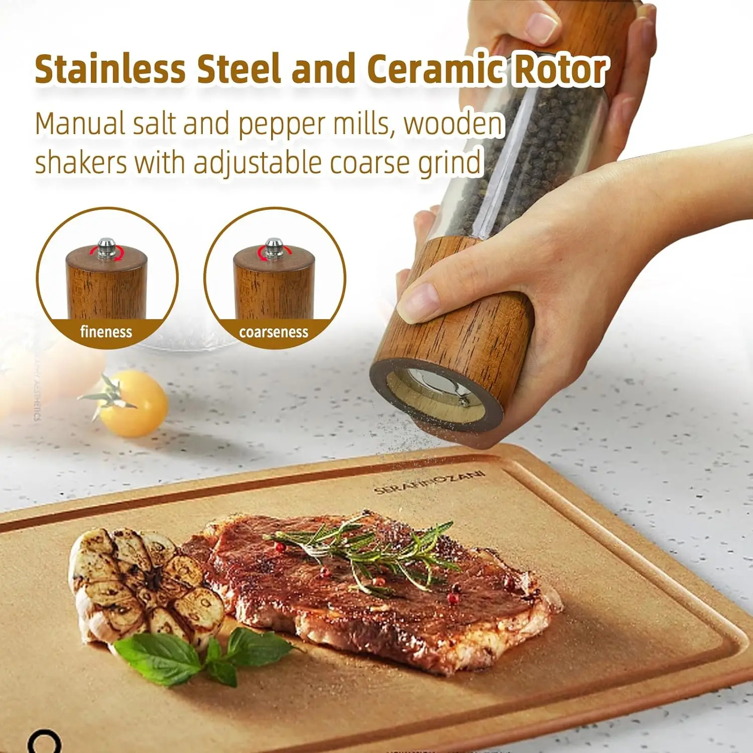 Premium Acrylic Salt and Pepper Grinder Set, Manual Salt and Pepper Mills- Wooden Pepper Shakers with Adjustable Ceramic Core