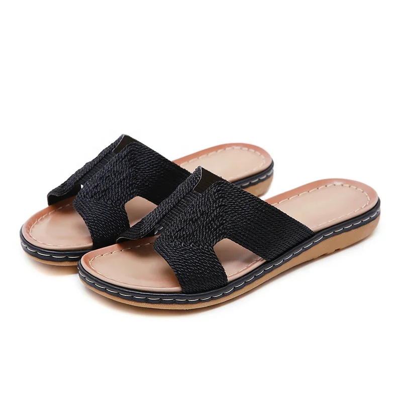 Fashion Pu H Shape Flat Open Toe Slip On Summer Ladies Slippers and Sandals for Women