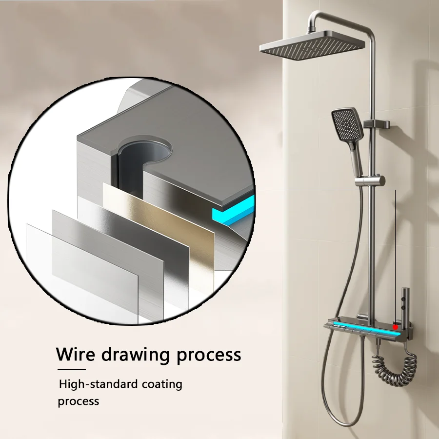 Kahnos Modern Black Brass Thermostatic Rain Faucet Smart Digital LED Piano Keys Bathroom Shower Set