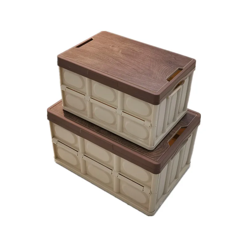 QM 30L foldable plastic storage stackable box camping folding box folding storage organizer with wood lid and handle