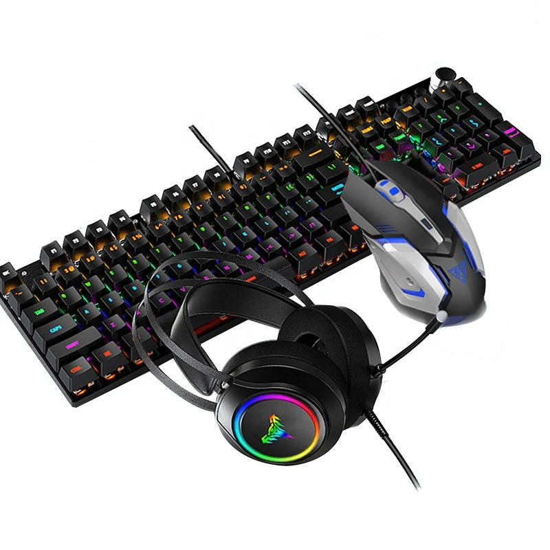 Computer Kit LED Wired Gamer Headset Set RGB Backlit Gaming Mechanical Keyboard Mouse Headphone Combo